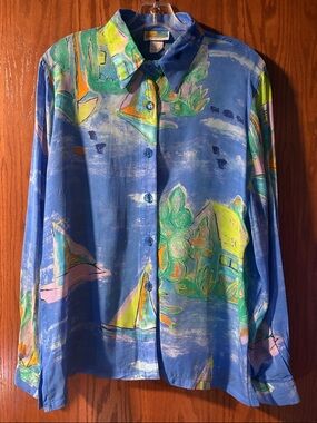Vintage SeaSuns Blue Shirt with Watercolor Print - Art to Wear